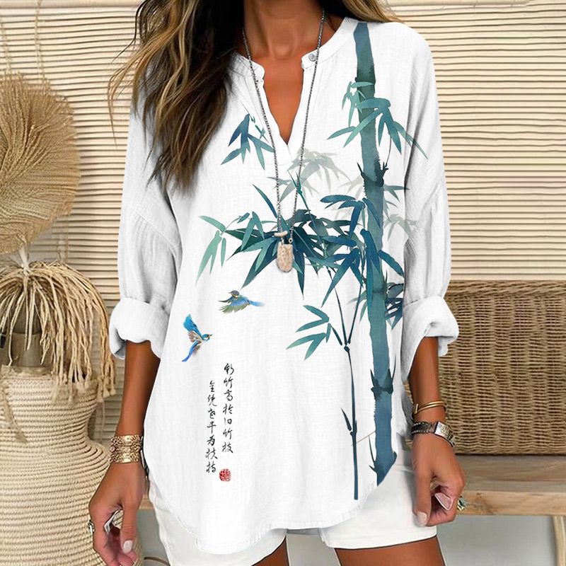 Vintage Bamboo Tree & Birds Art Print V Neck Long Sleeve Blouse - White - 8XL - image 1