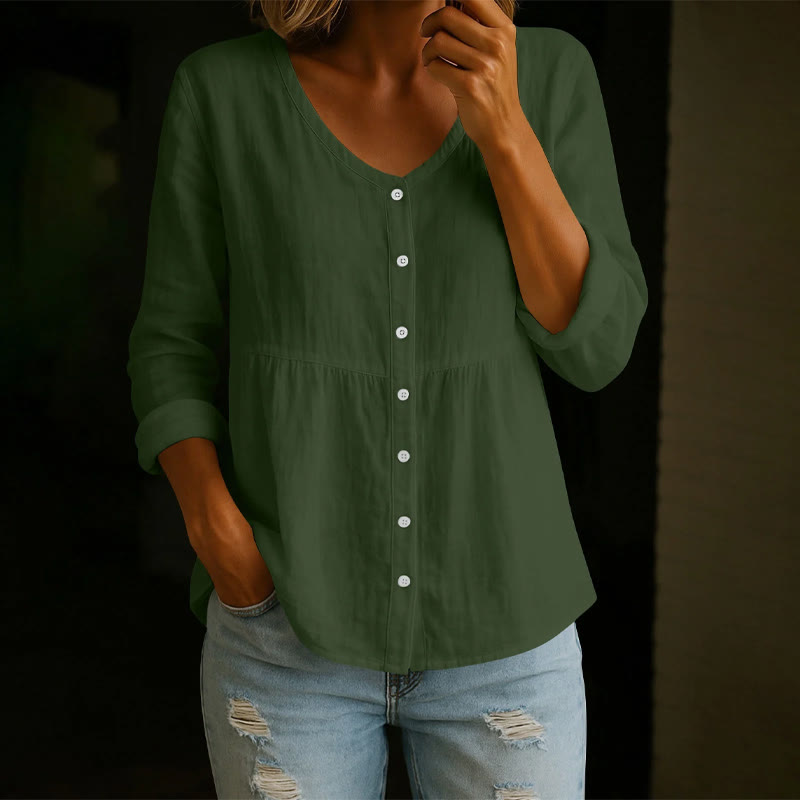 Cozy Solid Button V-neck A-line Long Sleeve Blouse - Army Green - 4XL - image 7