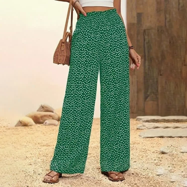 Resort Elegant Dot Print Elastic-waist Ruffled Wide-leg Pants - Green - 2XL - image 5