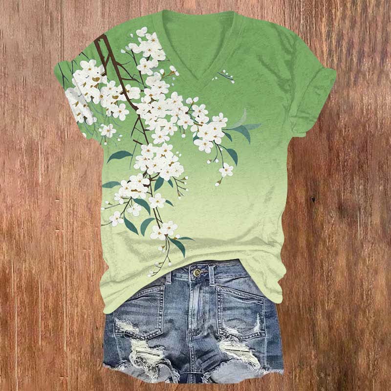 Japanese Art Floral Art Print V-neck T-shirt - Green - US32-34(5XL) - image 5
