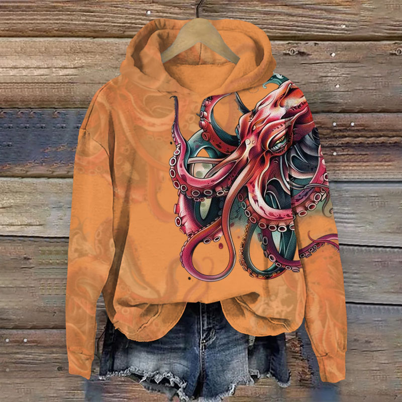 Japanese Vintage Octopus Print Long Sleeve Hoodie - Orange - US44-46(8XL) - image 5