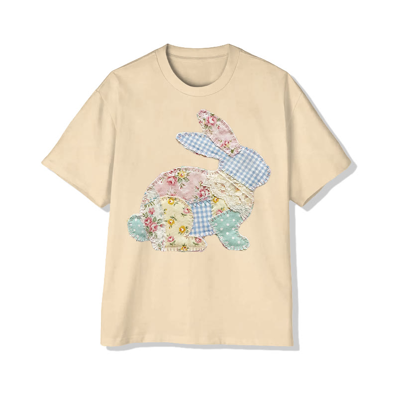 Trendy Pastoral Floral Bunny Patchwork Printed Cotton T-shirt - Apricot - 2XL - image 5