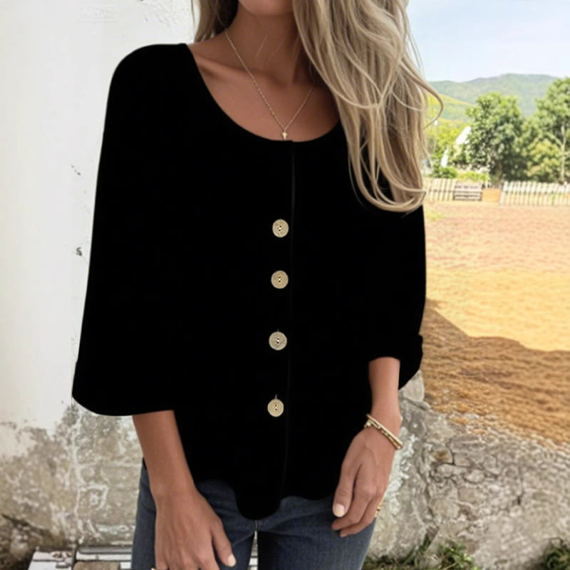Simple Solid Round-neck Button 3/4-sleeve Blouse - Black - 4XL - image 4