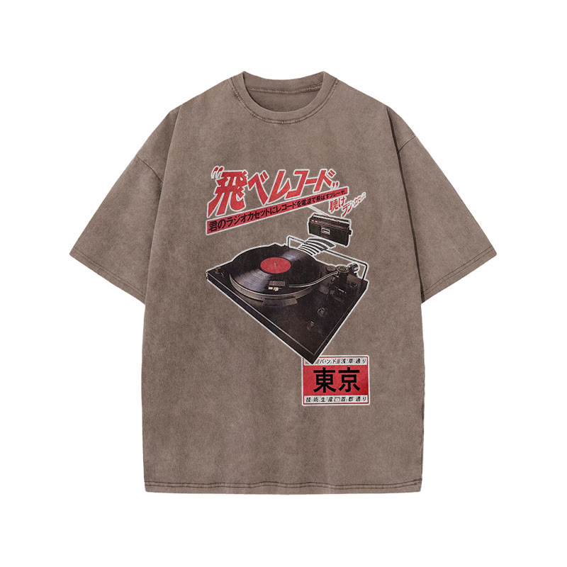 Vintage Japanese Phonograph Print Acid Washed T-shirt - Coffee - US20-22(3XL) - image 4