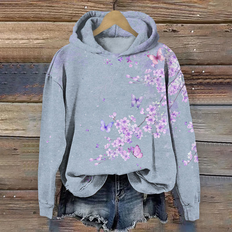  Romantic Purple Cherry Blossom & Butterfly Art Print Long Sleeve Hoodie - image 4