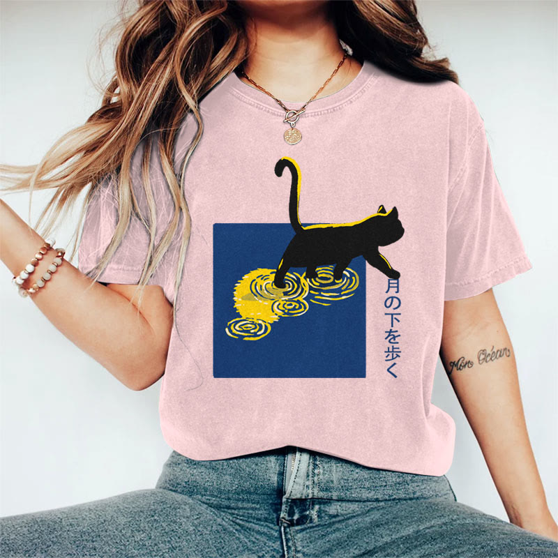 100% Cotton Women's Japanese Lonely Walking Black Cat Art Print Casual T-shirt - Pink - 2XL - image 3
