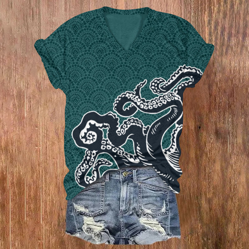 Unisex Ocean Fantasy Octopus Tentacles Pattern Print Short Sleeved V-neck T-shirt - Green - US32-34(5XL) - image 4