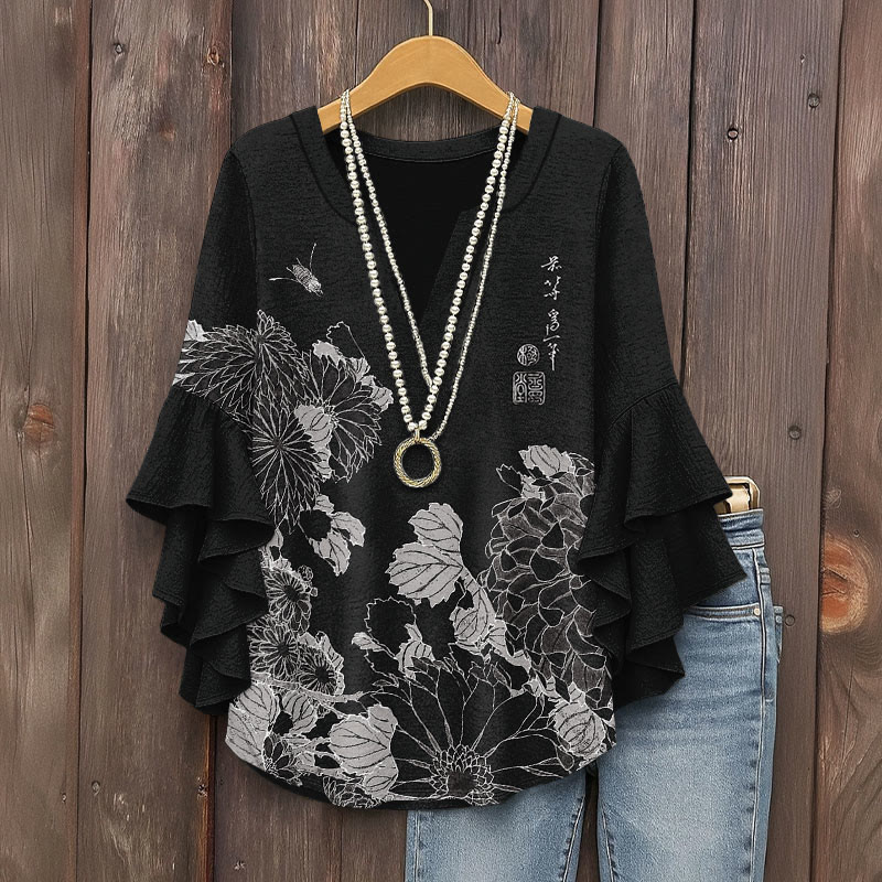 Japanese Classical Chrysanthemum Kimono Pattern Print V-neck Half Sleeve Blouse - Black - 5XL - image 5