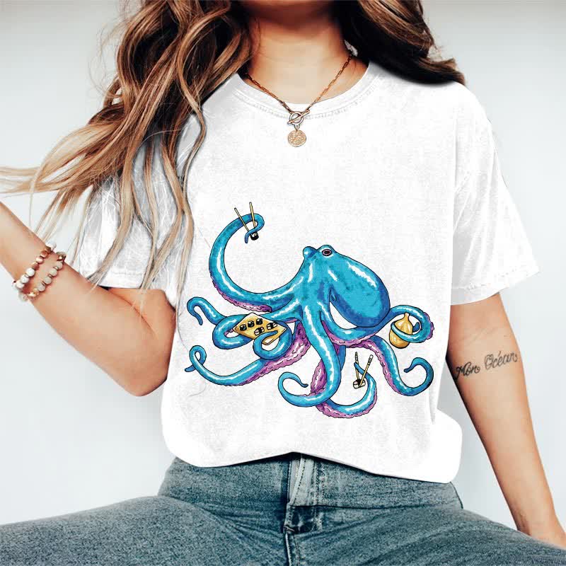 100% Cotton Japanese Creative Octopus Holding Sushi Art T-shirt - White - 2XL - image 5