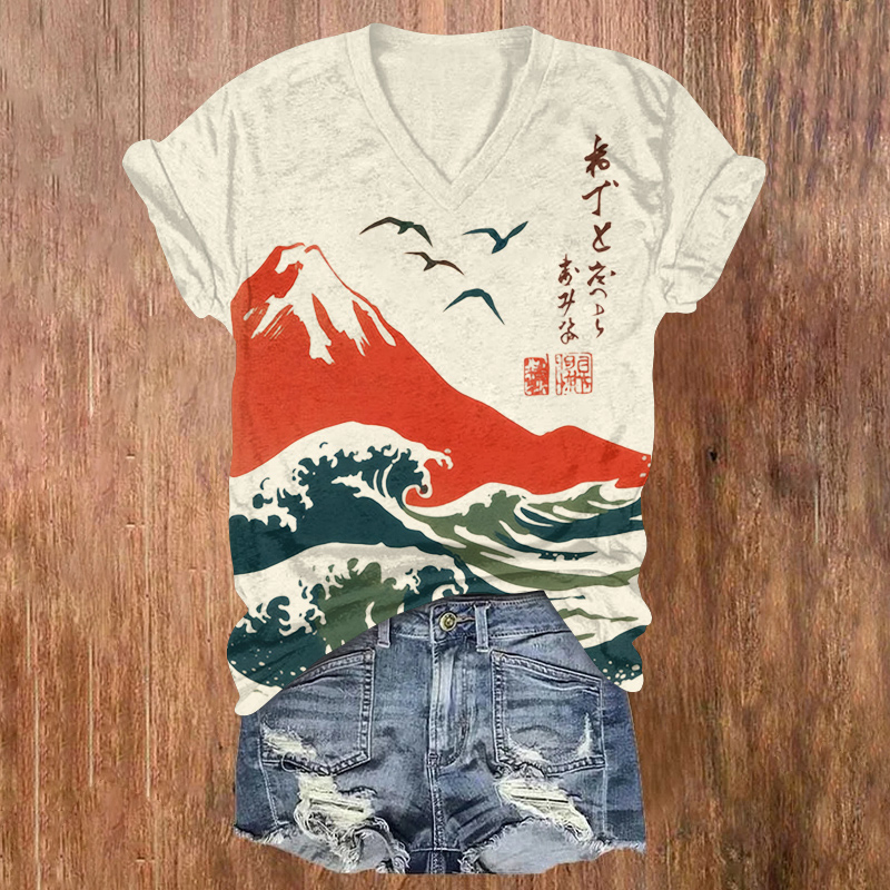 Japanese Art Mountain Print Short Sleeved V-neck T-shirt - Apricot - US32-34(5XL) - image 1