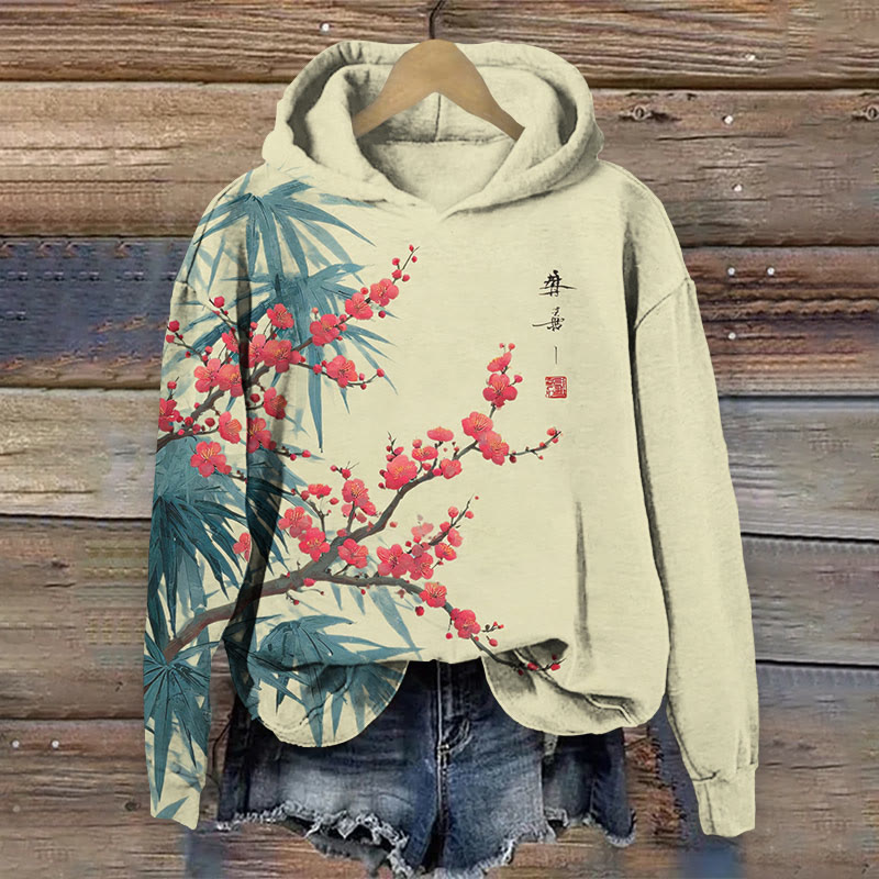Japanese Watercolor Painting Of Flowers And Bamboo Leaf Art Print Long Sleeve Hoodie - image 4