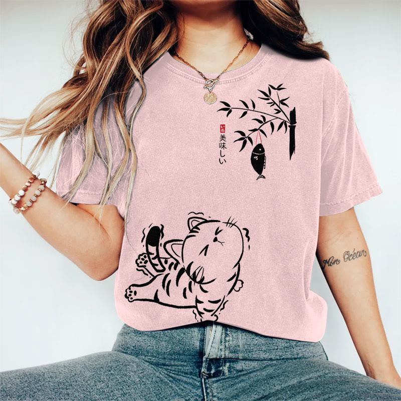 100% Cotton Women's Japanese Cat Eagers For Fish On The Tree Art Print Casual T-shirt - Pink - 2XL - image 4