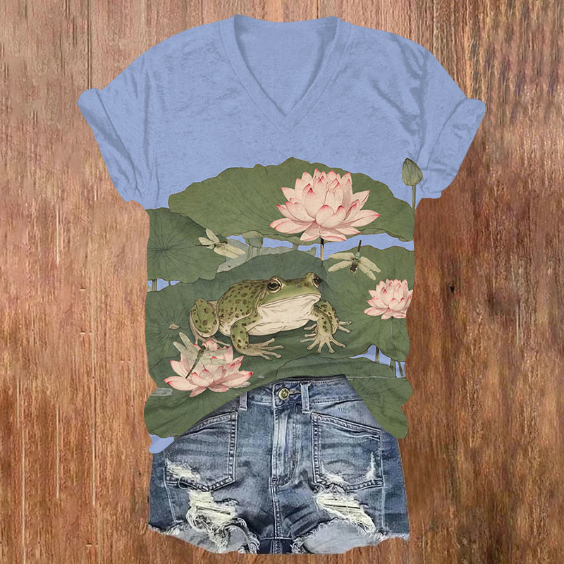 Japanese Style Lotus Leaf Lotus Dragonfly Frog Print V-neck T-shirt - Blue - US32-34(5XL) - image 4