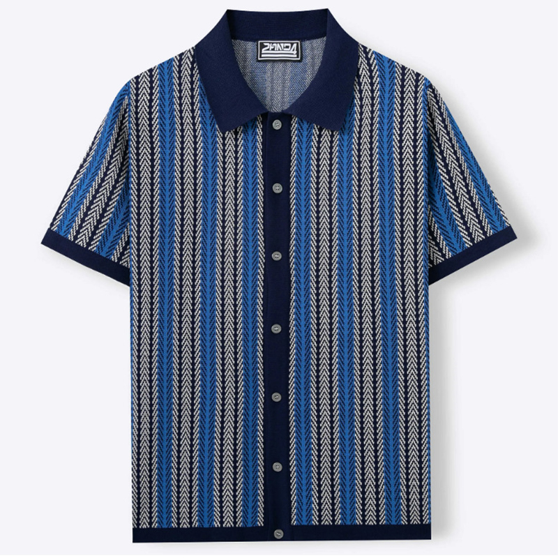 Knitted Striped Lapel Shirt - Navy Blue - 3XL - image 6