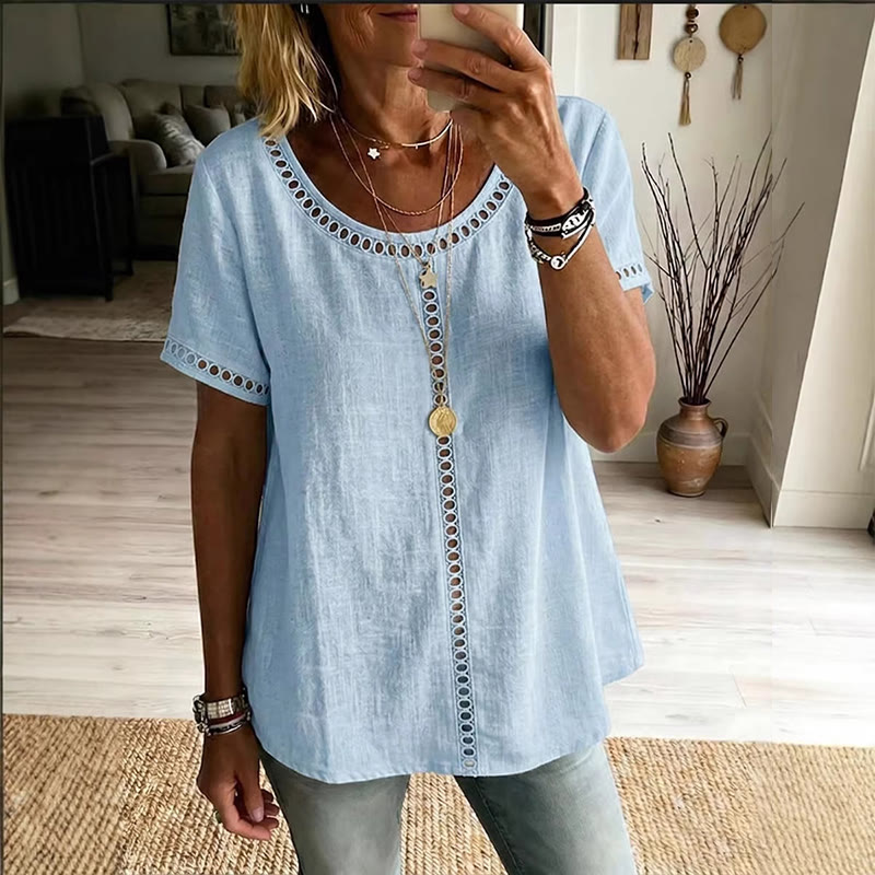 Women's Casual Round Neck Short-sleeve Blouse - Light Blue - 3XL - image 5