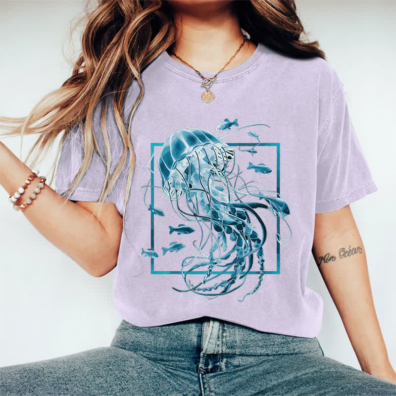 100% Cotton Women's Fantasy Jellyfish Surrounded By Fish Art Print Casual T-shirt - Purple - 2XL - image 12