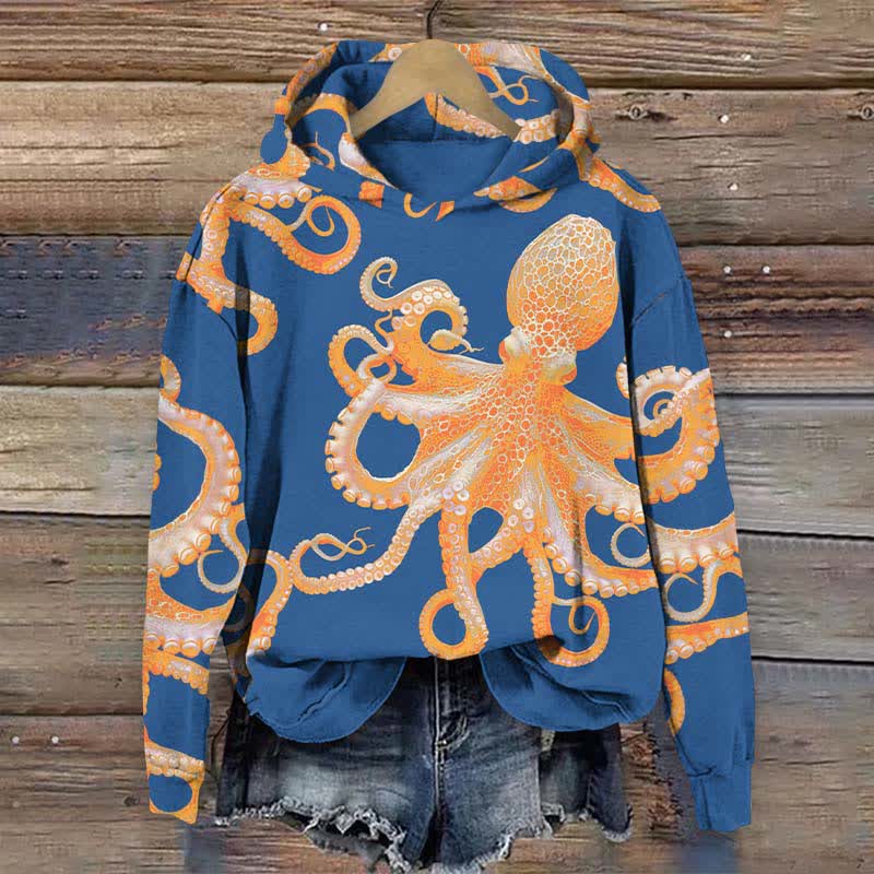 Japanese Vintage Vivid Octopus Art Print Long Sleeve Hoodie - Blue - US44-46(8XL) - image 4