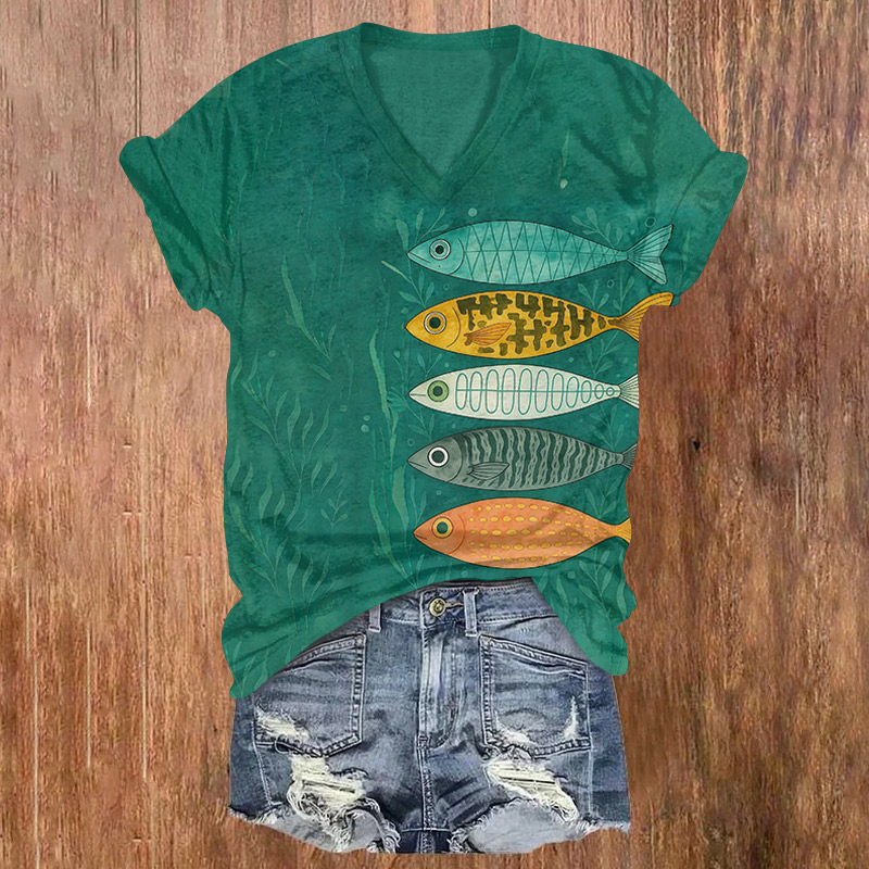 Funny Cartoon Fish Art Print Short Sleeved V-neck T-shirt - Green - US32-34(5XL) - image 1
