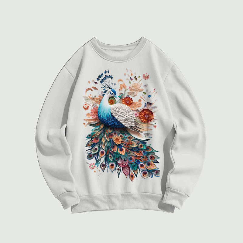 Romantic Colorful Floral Peacock Print Long Sleeved Sweatshirt - White - US16-18(2XL) - image 3