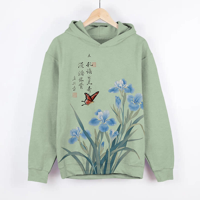 Japanese Watercolor Iris Blossom Art Print Long Sleeve Hoodie - image 4