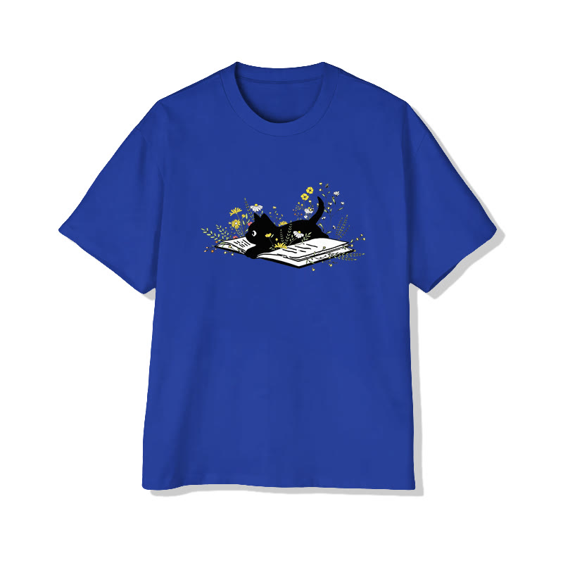 Black Cat Book And Wildflowers Print Pattern Cotton Print T-shirt - Royal Blue - US16-18(2XL) - image 8