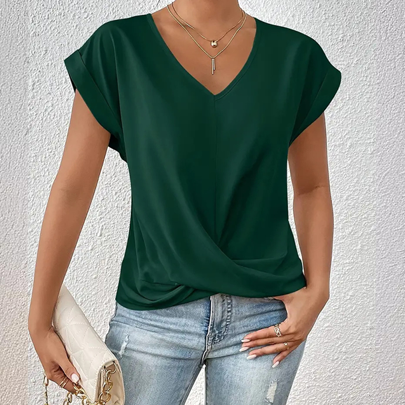 Elegant Solid Overlapping Structure V-neck Flutter-sleeve T-shirt - Dark Green - 3XL - image 6