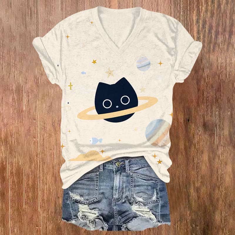 Funny Universe Cat Planet Art Print V-neck T-shirt - Apricot - US32-34(5XL) - image 4