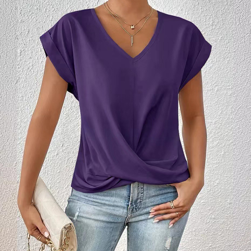 Elegant Solid Overlapping Structure V-neck Flutter-sleeve T-shirt - Purple - 3XL - image 9