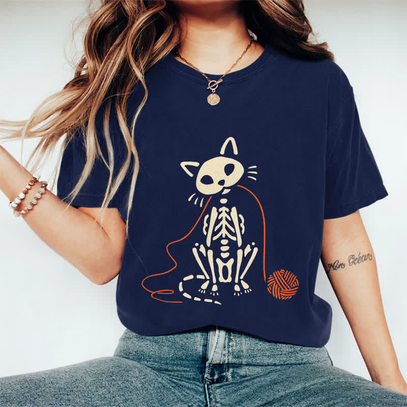 100% Cotton Women's Creative Skeleton Cat Playing Ball Of Yarn Art Print Casual T-shirt - Navy Blue - 2XL - image 8