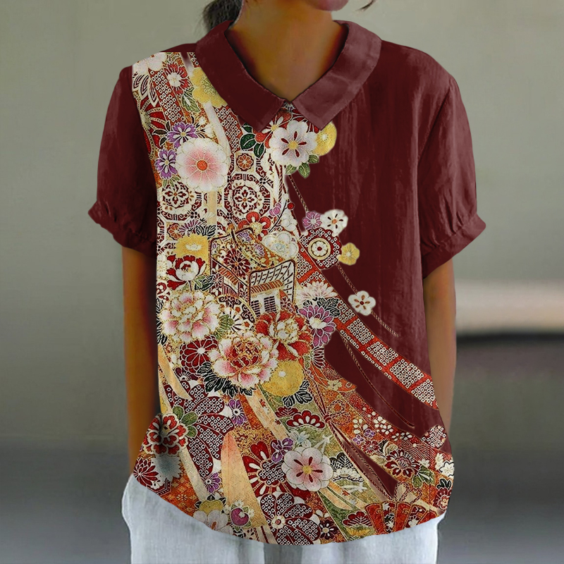 Japanese Cartoon Art Floral Print Casual Lapel Loose Blouse - Red - 6XL - image 1
