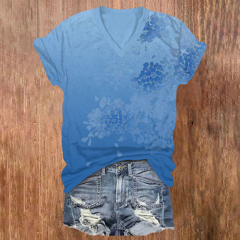 Watercolor Floral Print V-neck T-shirt - Lake Blue - US32-34(5XL) - image 3