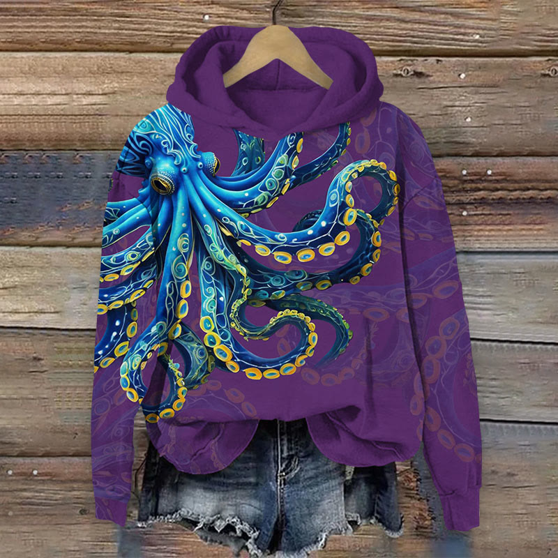 Art Octopus With Shading Print Long Sleeve Hoodie - Purple - US44-46(8XL) - image 4
