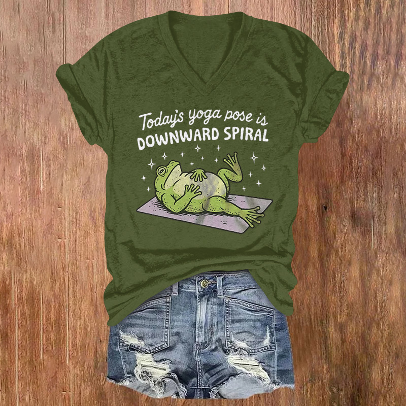 A Whimsical Frog Lies Down To Practice Yoga Printed Short Sleeved V-neck T-shirt - Dark Green - US32-34(5XL) - image 1
