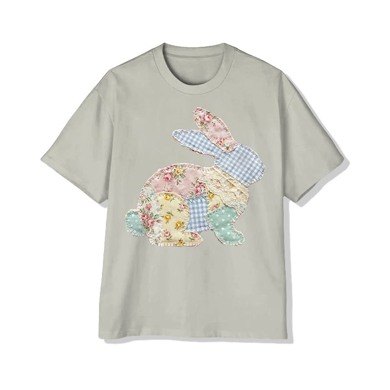 Trendy Pastoral Floral Bunny Patchwork Printed Cotton T-shirt - Warm Grey - 2XL - image 9