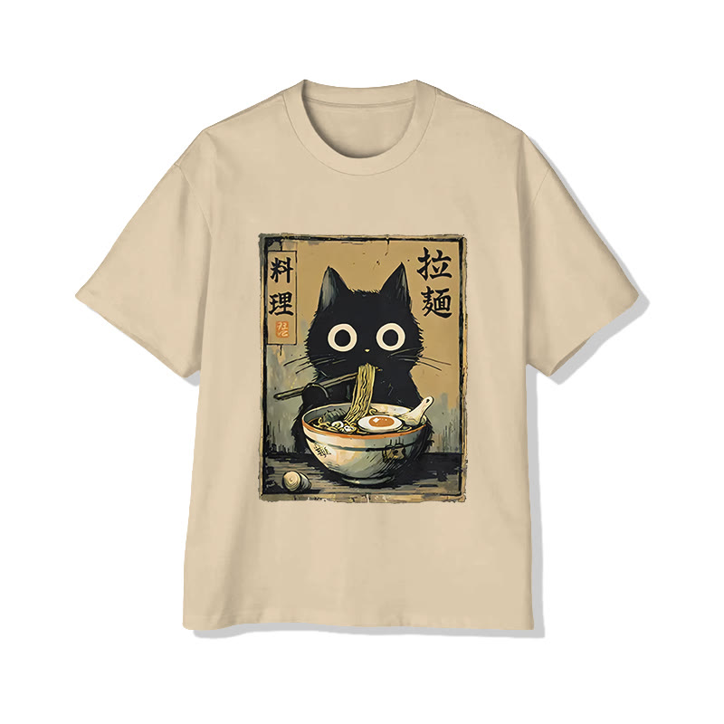 Unisex Cute Black Cat Eating Ramen Japan Classic Print Short Sleeve Crew Neck T-Shirt - Apricot - 2XL - image 4