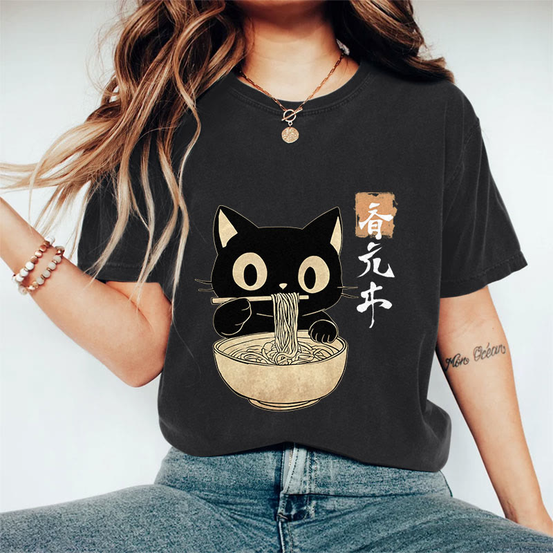 100% Cotton 	 Vintage Japanese Cute Cat Eating Ramen Art Print T-shirt - Black - US16-18(2XL) - image 9