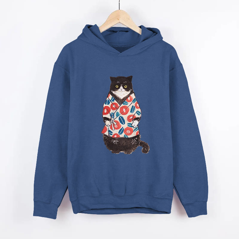 Unisex  Japanese Cat Pattern Long Sleeved Hoodie - Dark Blue - US44-46(8XL) - image 4