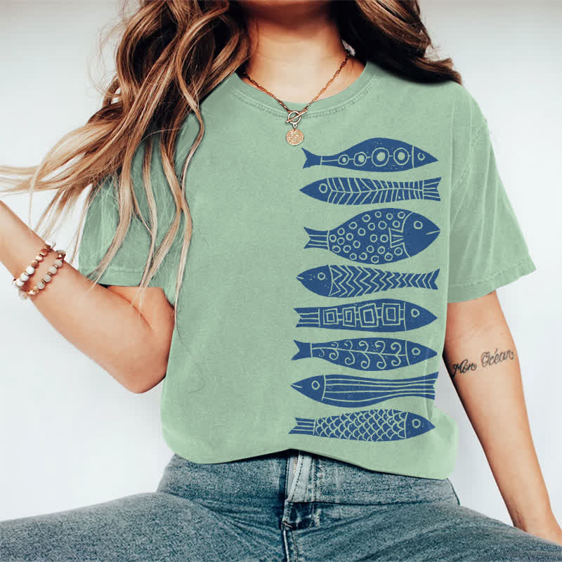 100% Cotton Fish Japanese Lino Art Print Casual T-shirt - Green - 2XL - image 10