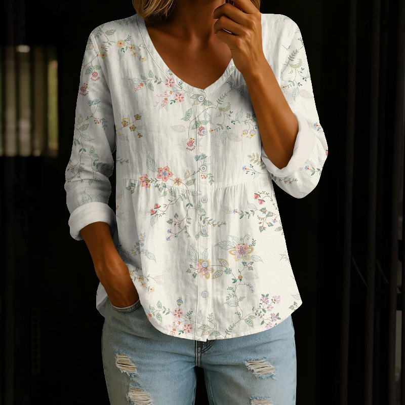 Small Floral Print Print Button V-neck A-line Long Sleeve Blouse - Beige - 4XL - image 1