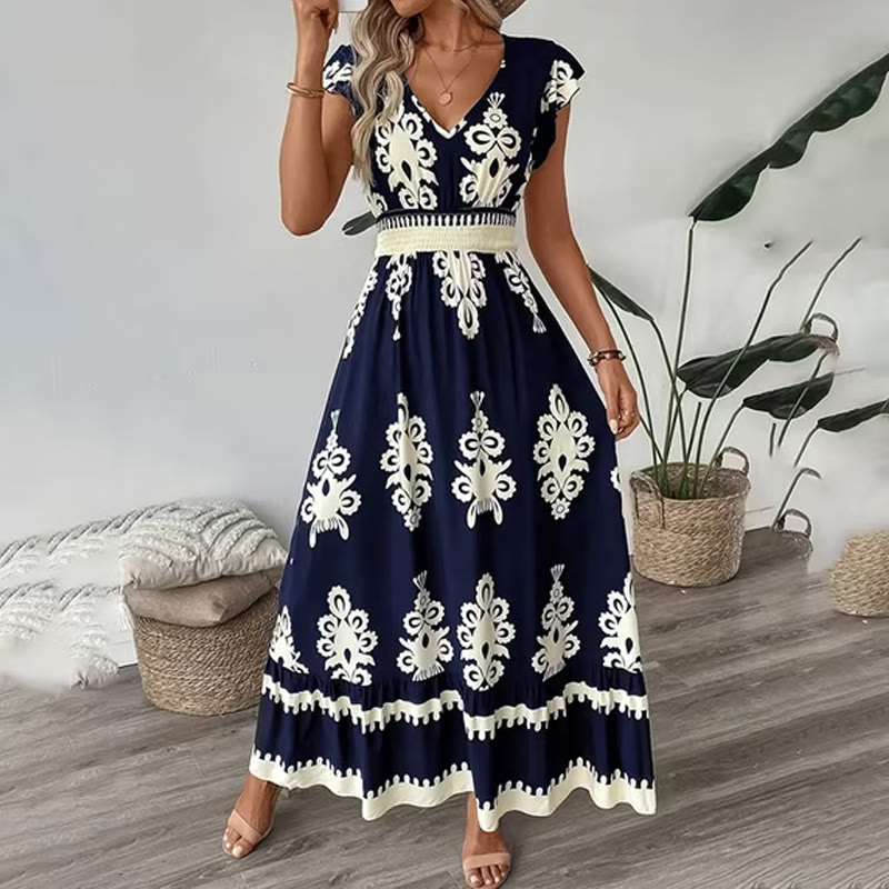 Boho Beach Ethnic Print V Neck Cap Sleeve Maxi Dress - Navy Blue - 2XL - image 5