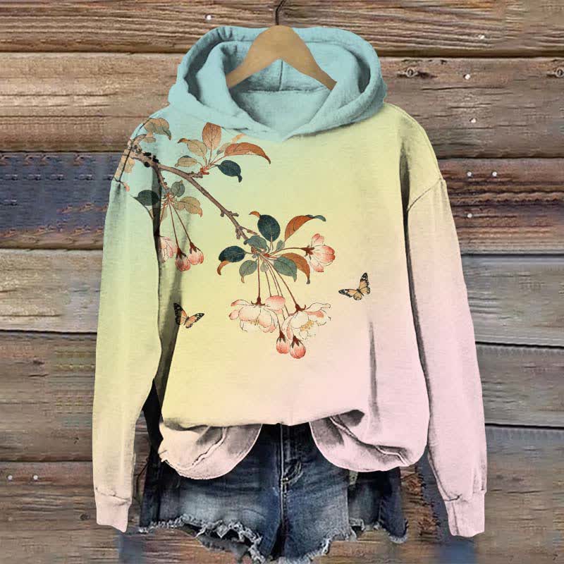 Japanese Vintage Ombre Peach Blossom Art Print Long Sleeve Hoodie - Pink - US44-46(8XL) - image 6