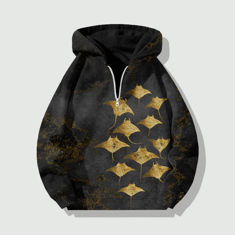 Unisex Vintage Manta Ray Half Zip Hoodie - Black - US32-34(5XL) - image 4