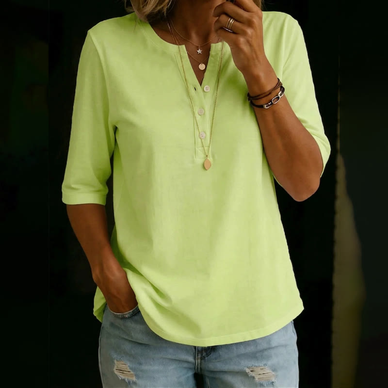 Simple Cozy Henley-collar Mid-sleeve Cotton T-shirt - Light Green - US32-34(5XL) - image 9