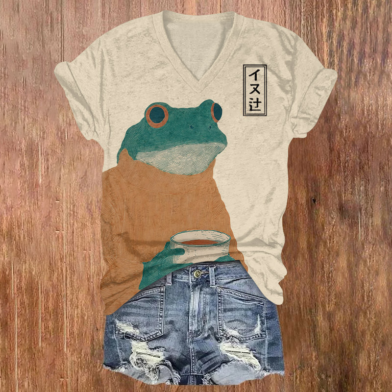Japanese Funny Frog Holding Coffee Print Short Sleeved V-neck T-shirt - Apricot - US32-34(5XL) - image 1