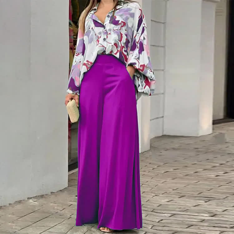 Elegant Color Block Print Turn-down Collar Lantern-sleeve Shirt & Large Pocket Wide-leg Pants Set - Purple - 3XL - image 9