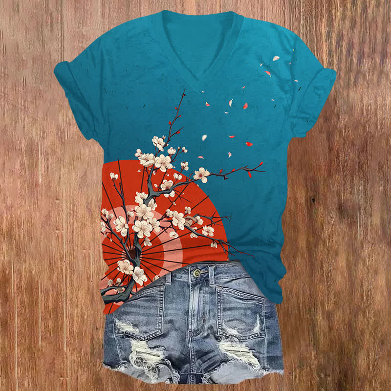 Japanese Vintage Sakura Umbrella Art Print V-neck T-shirt - Lake Blue - US32-34(5XL) - image 7