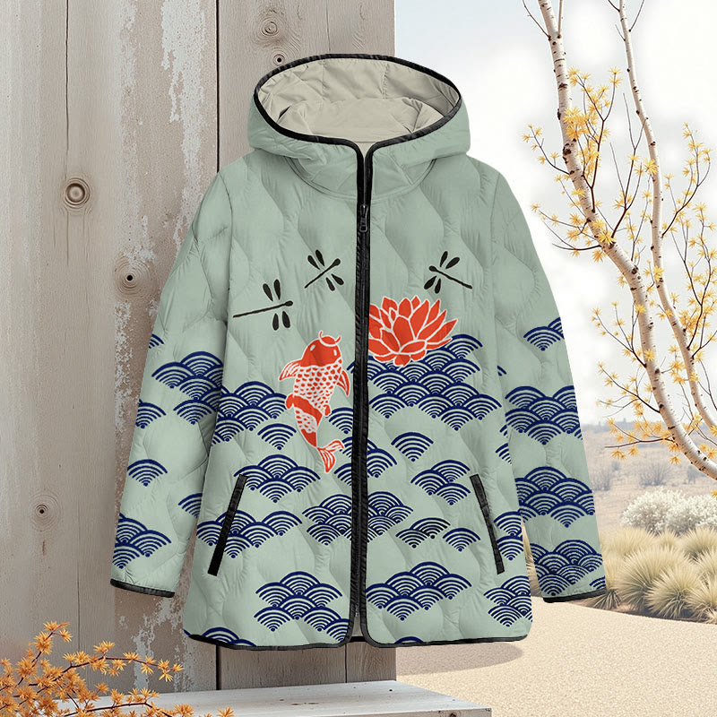 Japanese Style Koi Fish Dragonfly Wave Art Print Zipper Jackets - Green - 4XL - image 3