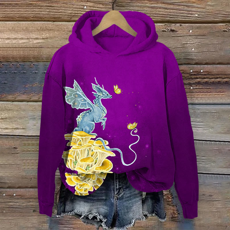 Western Dragon & Mushroom Print Long Sleeve Hoodie - Purple - US44-46(8XL) - image 3