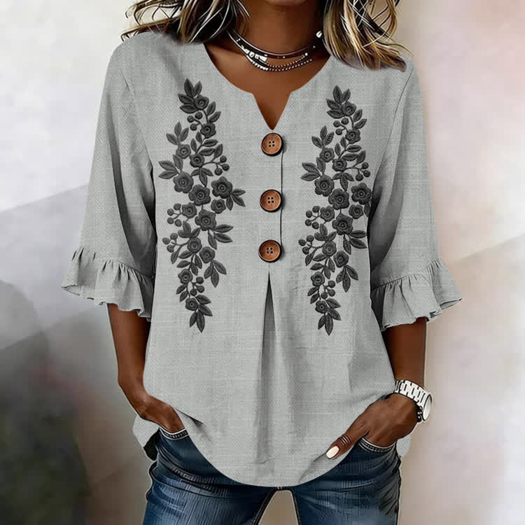 Ethnic Monochromatic Floral  Pattern Print Button V-Neck Blouse With Ruffle Sleeves - Grey - US32-34(5XL) - image 3