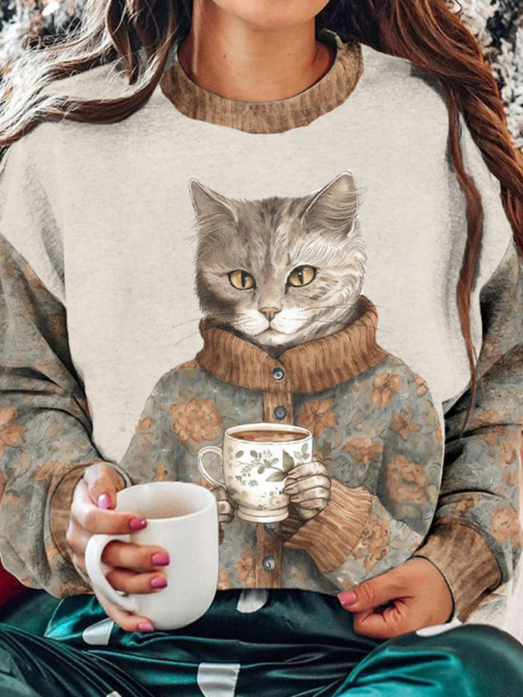 Winter Funny Cute Wonderland Clothing Floral Cat Printed Women's